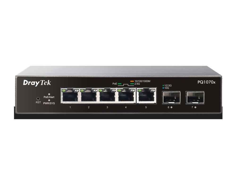 Afbeelding VigorSwitch Q1070x 5 POE poorten 2,5 Gigabit 2 SFP+ (10 Gigabit) poorten, 60W totaal power